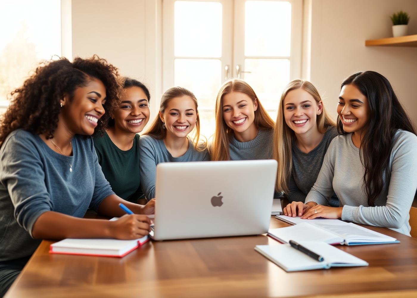 Group of teenage girls studying and laughing together