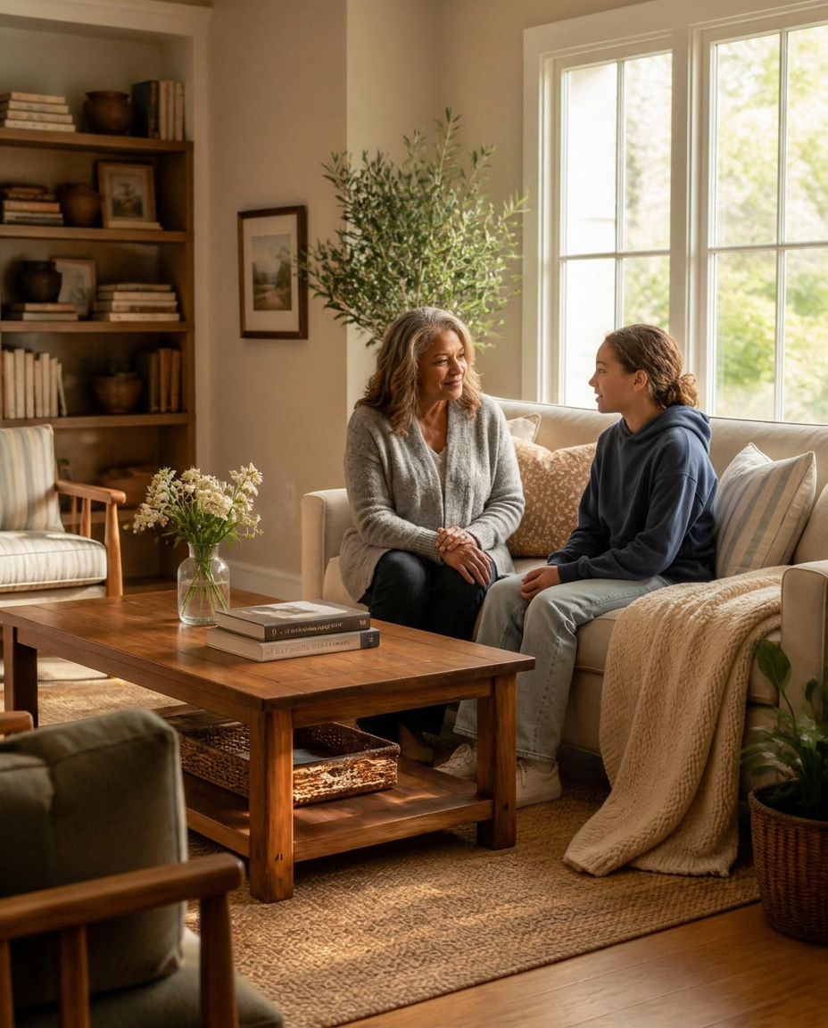 Warm, home-like living room in the Each One Teach One therapeutic group home